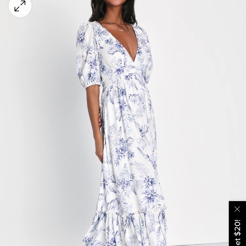 Lulu’s Precious Forever White Floral Puff Sleeve Backless Midi Dress
